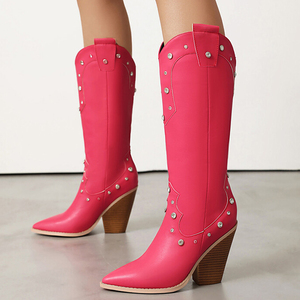 Bottes Western d'hiver pour femme, grande taille 48, hauteur genou, à talons compensés épais, bout pointu et clous métalliques - Product Image 2