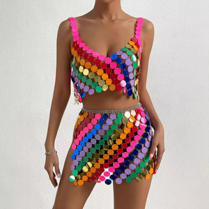 Top cami à sequins arc-en-ciel, fait main, avec des paillettes squameuses, patchwork, bretelles, jupe de soirée et haut halter <span class=keywords><strong>pour</strong></span> boîte de nuit - Product Image 2