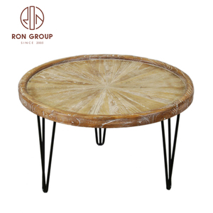 Rifornimento di fabbrica prezzo a buon mercato personalizzato moderno lusso rotondo vecchio <span class=keywords><strong>olmo</strong></span> in legno massello tavolino da tè rotondo con gamba in metallo nero - Product Image 6