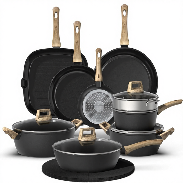 23-Piece Durable Pots Pans Set Non-Stick Ceramic Cookware Induction-Compatible Oven Safe Non-Toxic PFOA/PTFE/PFAS-Free Glass Lid
