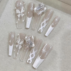 <span class=keywords><strong>Uñas</strong></span> postizas <span class=keywords><strong>de</strong></span> lujo hechas a mano, extra largas y reutilizables, con gráficos geométricos <span class=keywords><strong>de</strong></span> llamas blancas - Product Image 1