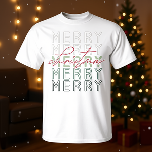 Camiseta navideña retro Merry Merry Christmas, blanca, unisex, talla mediana para adultos - Product Image 3