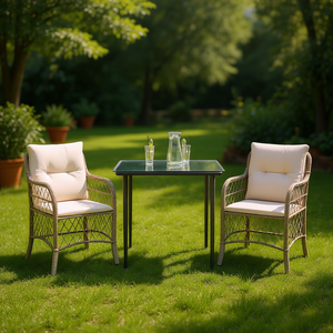 Ensemble bistrot en rotin PE avec structure en acier et verre trempé pour mobilier de jardin extérieur, 2 places, design contemporain - Product Image 2