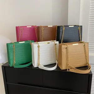 Bolsa de ombro crossbody feminina com corrente quadrada de couro de jacaré de grande capacidade para mulheres