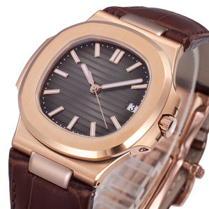 Montre-bracelet de luxe pour homme, automatique, mécanique, boîtier en acier inoxydable, cristal saphir, bracelet en cuir de crocodile marron, date par aiguille - Product Image 2