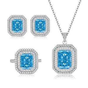 Hot Selling 10*14MM <b>blue</b> zircon Geometric Double Halo jewelry set Copper White Gold Plated earrings rings <b>necklaces</b> - Product Image 1
