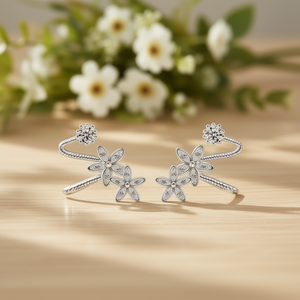 Orecchini a Perno con Fiore in Argento Tibetano Placcato Oro Bianco con Zirconi, Gioielli Romantici da Donna per Feste, Orecchini alla Moda in Lega con Micro Incastonature - Product Image 2