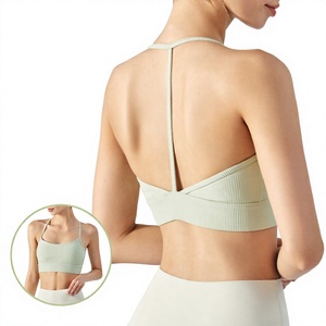 En gros, Brassières de sport pour femmes, côtelées, à bretelles en T, dos halter, coupe courte, extensibles, rembourrées, à maintien léger, pour yoga, fitness et Pilates - Product Image 1