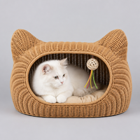 Lit pour chat en rotin PE tissé à la main, grotte semi-fermée pour chat avec coussin en peluche lavable pour chats et petits chiens, 54x32x33 cm