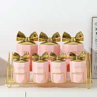 Ensemble de 7 boîtes de rangement pour épices, aliments, sucre, café, en céramique, vert et rose moderne, avec couvercle doré, hermétique