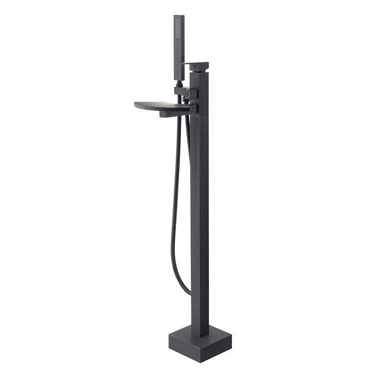 Black Square Single Lever Brass Mixer Tap Freestanding Tub Filler Floor Mounted Single Handle Waterfall Bathtub Faucet