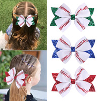 Barrette à cheveux en cuir rose doré à nœud côtelé avec paillettes, style baseball sportif pour enfants