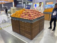 Dubbelzijdige houten en roestvrijstalen fruitpresentatiestand voor supermarkten