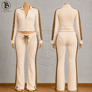 Completo Tuta in Velluto Autunnale Personalizzabile con Logo 3D, Giacca con Zip a Righe Leopardate e Leggings, Set Lounge 2 Pezzi <span class=keywords><strong>Abbigliamento</strong></span> <span class=keywords><strong>Donna</strong></span> - Product Image 2