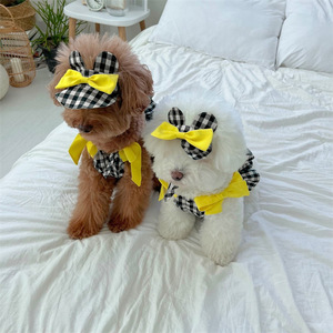 Robe camisole à carreaux pour animaux de compagnie avec bretelles à nœud papillon + Ensemble chapeau assorti – Vêtements mignons pour petits et moyens chiens et chats - Product Image 6