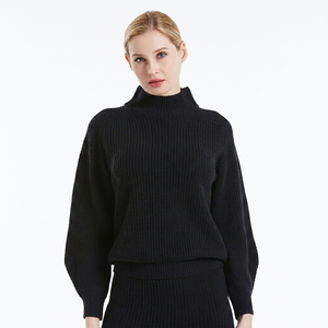 Pull à col roulé pour femme 100% laine, manches longues, manches lanternes, tricot côtelé épais, couleur unie, pull minimaliste d'hiver - Product Image 1