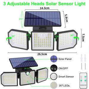 Lot de 2 lampes solaires à induction à trois têtes IP65, applique murale, projecteur rotatif à 270 degrés pour l'éclairage paysager et des allées de jardin - Product Image 2