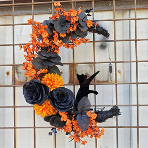 Corona de <span class=keywords><strong>Halloween</strong></span> con Gato <span class=keywords><strong>y</strong></span> Luna Creciente, Estilo Gótico Pastel, con Rosa, Decoración Espeluznante <span class=keywords><strong>y</strong></span> Gótica para Puerta Principal - Product Image 3