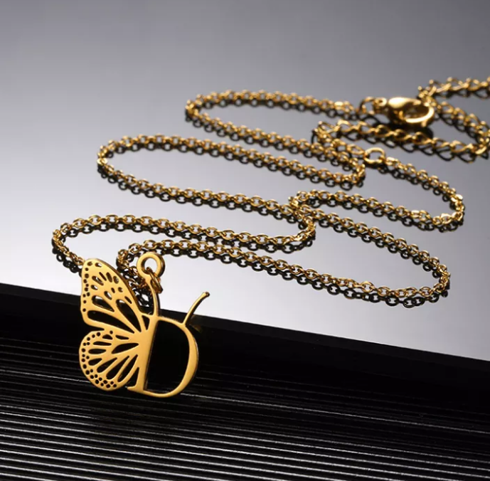Women's Stainless Steel Initial Necklace - Heart & Butterfly Pendant, Gold Plated, Adjustable Chain
