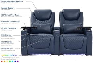 Silla reclinable de Color personalizado para cine en casa, iluminación ambiental, almohada Lumbar, bandeja, mesa, sofá azul reclinable - Product Image 2