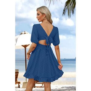 FOXA Women's Short Puff Sleeve Ruffle Dress V-<b>Neck</b> <b>Tie</b> Back A Line Blue S Casual Daily Wear - Product Image 2