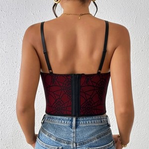 Corset en dentelle motif toile d'araignée et arêtes de poisson bordeaux avec armatures, sans rembourrage, taille SML, débardeur d'extérieur, costume d'Halloween - Product Image 3