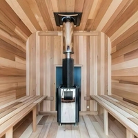 Sauna extérieur design, infrarouge lointain traditionnel, avec fonction vapeur sèche et humide, poêle à bois et fenêtre panoramique avec vue