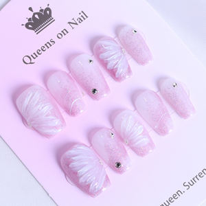 Faux Ongles de Luxe Faits Main en Acrylique, Forme Cercueil, Couverture Complète 3D, French Manucure, Motif Papillon, Haute Qualité, Colle pour Doigts - Product Image 4