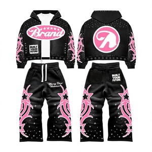 Your Brand Tracksuit Set Hooded Zipper Sweatsuit Flare Pants Sporty Style Breathable Vintage Screenprint - Product Image 1