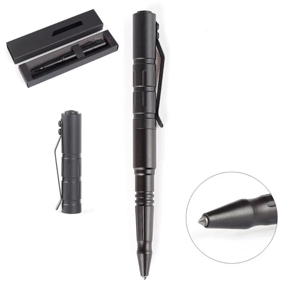 Nueva moda negro Tinta de bolígrafo de Metal aleación de aluminio de la aviación Anti-slip defensa táctico pluma