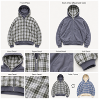Sudadera con capucha y cremallera para hombre, estilo retro, a cuadros, reversible, de gran tamaño, de alta calidad, 100% algodón, 450 g/m², OEM, venta al por mayor.