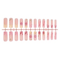 24 faux ongles à presser style français, motif léopard rose, fleur 3D, tube long