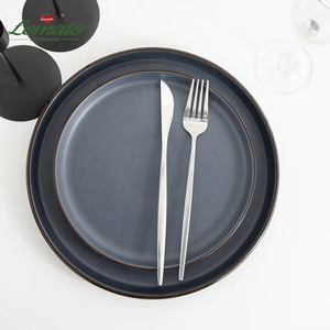 Stock d'usine quantité minimale de commande bas prix bon marché de 16 pièces de vaisselle émaillée de couleur bleue ensemble de plaques de grès en céramique à bordure dorée vaisselle - Product Image 6