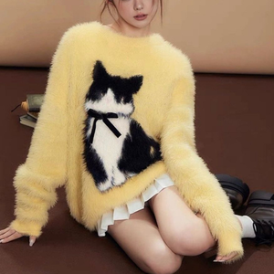 2024 Spring New Arrival <strong>Women's</strong> Crew Neck Long Sleeve Jacquard Soft Sweater <strong>Jumper</strong> Casual Style Cartoon <strong>Cat</strong> Animal Design - Product Image 3