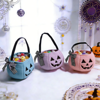 Sac à bonbons en velours brodé avec nœud, idéal pour Halloween, accessoire de décoration pour enfants, seau citrouille pour la fête des démons