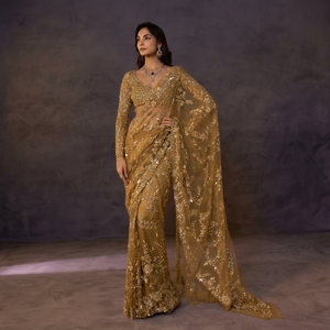 Elegante Saree de Seda Dorada con Bordado Floral, Largo hasta el Suelo, Corte Regular para Mujer, Ropa de Boda, India, Pakistán, Todas las Temporadas - Product Image 1