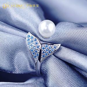 カスタムかわいい新しいイルカ動物ジュエリーブルーストーンシルバー925パールリングウェディングカフ調整可能925シルバーリング女性用 - Product Image 6