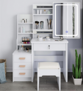 Meuble de chambre à coucher moderne personnalisé avec 4 tiroirs en bois blanc, miroir éclairé sur pied pour hôtel, appartement, salon - Product Image 1