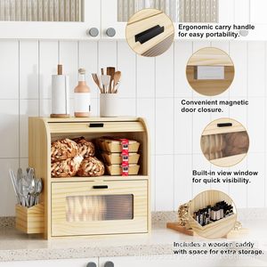 Boîte à pain en bois, étagère de rangement multifonctionnelle pour cuisine avec tiroir et porte-couverts, couleur bois naturel, matériau en bambou - Product Image 4
