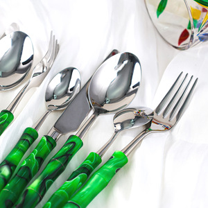 Jin Hui Chinese Style Green Acrylic Handle Stainless Steel Cutlery <b>Set</b> Four Piece Knife Fork Spoon Teaspoon - Product Image 5