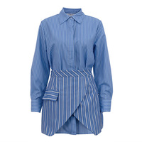Robe chemise irrégulière à col polo rayée bleu et blanc avec lacets, nouvelle mode été 2026, pour femmes d'Europe et d'Amérique