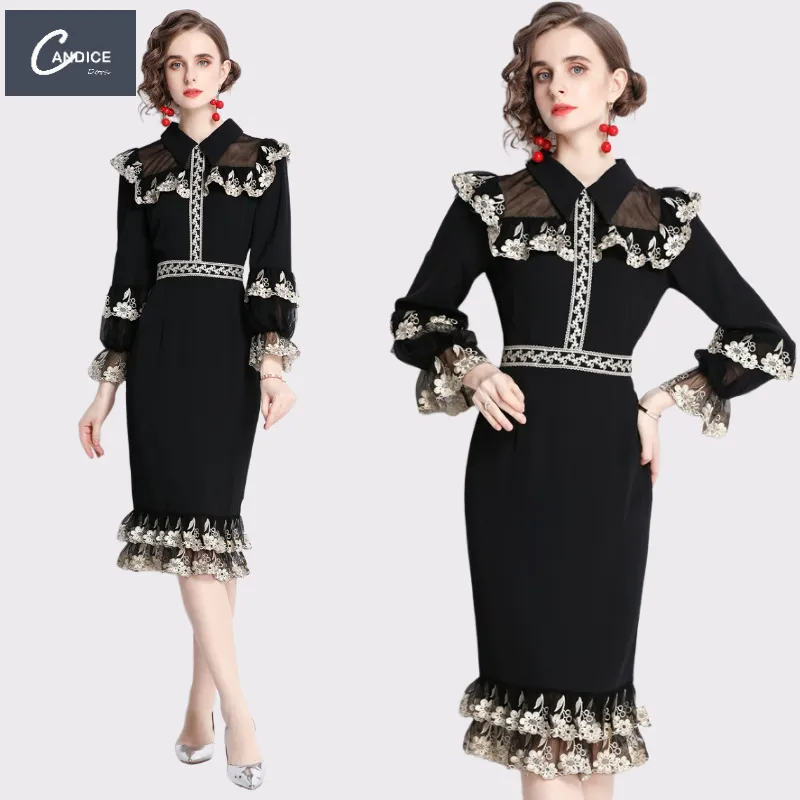 Candice new trendy lapel organza stitching embroidery ruffled fishtail luxury clothing 2021 office black dress for women