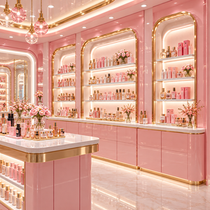 Elegante Exhibidor de Cosméticos y Perfumes en Rosa Dorado para Diseño de Interiores de Boutique de Belleza - Product Image 4