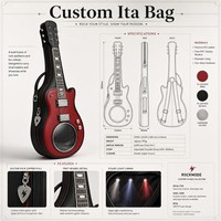 Sac à bandoulière Ita Bag personnalisé en forme de guitare, en cuir PU texturé rouge, avec passepoil blanc, manche argenté et fenêtre de présentation