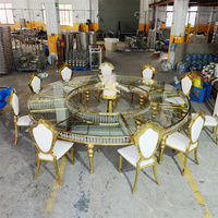 Lisse prix de gros S-340cm double couche dessus en verre meubles doré pied en acier inoxydable dessus en verre table de mariage en serpentine