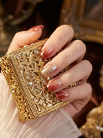 24 faux ongles à presser de qualité salon, design demi-couverture, rose doré dégradé, effet irisé, pour femmes