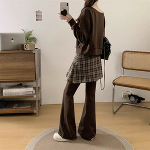 Women's Off-Shoulder Sweatshirt Plaid Patchwork Flared Pants Two-Piece Set Casual Knitted Outfit Black Brown Option - Product Image 5