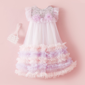 <span class=keywords><strong>Vestito</strong></span> in Tulle Sfumato Rosa e Viola per Bambine, Abito Tutu con Fiori 3D e Volant, Abbigliamento <span class=keywords><strong>da</strong></span> Principessa per Feste - Product Image 5