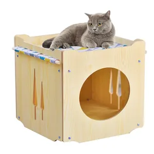 Casa de gato de Color Natural, escondite de conejo, Cubo de gato apilable con Hamaca, cama de madera para gatitos, cueva, combinación para dormir y escalar