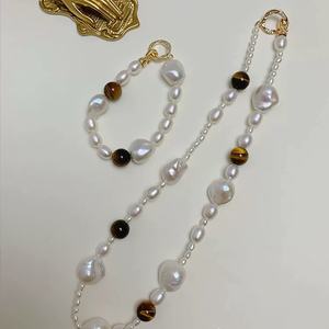 Conjunto de Collar y Pulsera de Perlas Barrocas de Agua Dulce Irregulares con Diseño de Nicho de Moda Collage, Conjuntos de Joyería de Moda con Piedra de Ojo de Tigre - Product Image 1